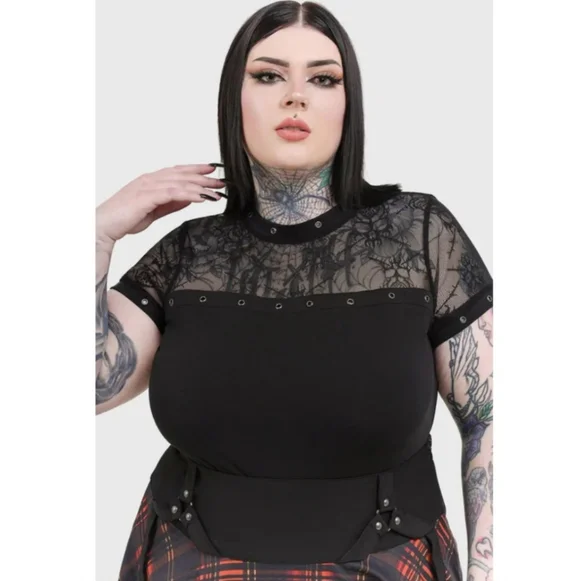 Killstar Black Lace Yoke Eyelet Short Sleeve Top - Picture 2 of 4